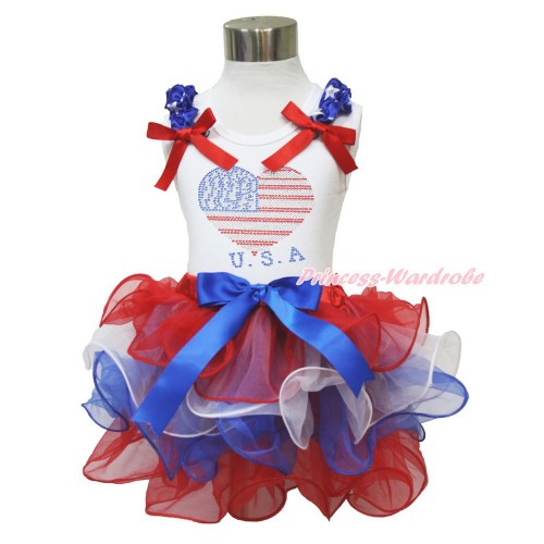 American's Birthday White Baby Pettitop with Patriotic American Star Ruffles & Red Bow with Sparkle Crystal Bling Rhinestone USA Heart Print with Royal Blue Bow Red White Blue Petal Newborn Pettiskirt NN204